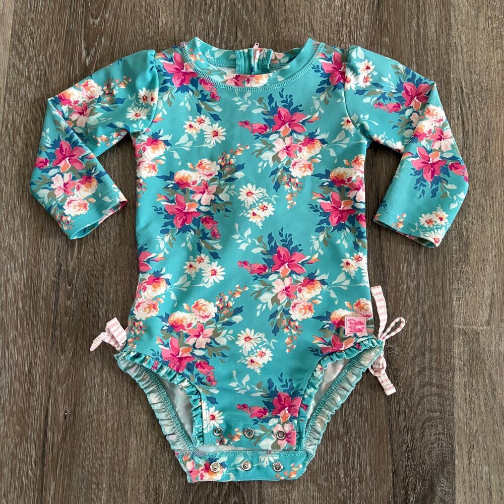 RuffleButts Baby Girl One Piece Rash Guard in Fancy Me Floral - 12-18 Months